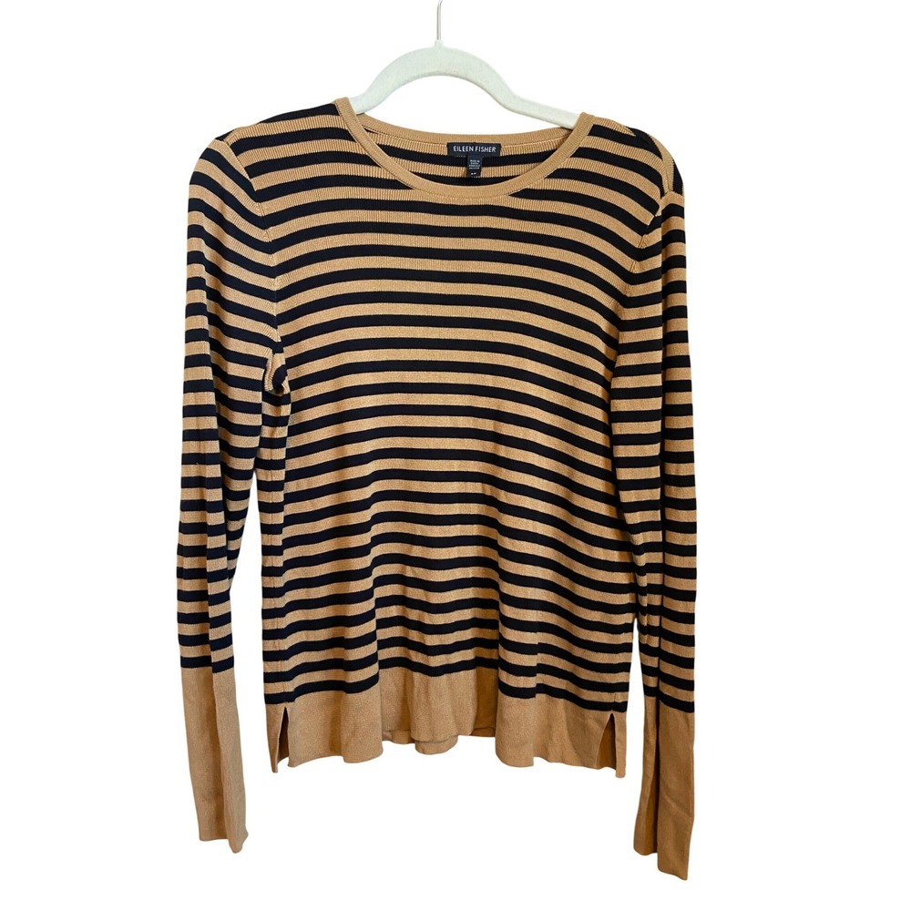 Eileen Fisher Striped Tencel Silk Knit Sweater Camel Black Small Crew‎ Neck